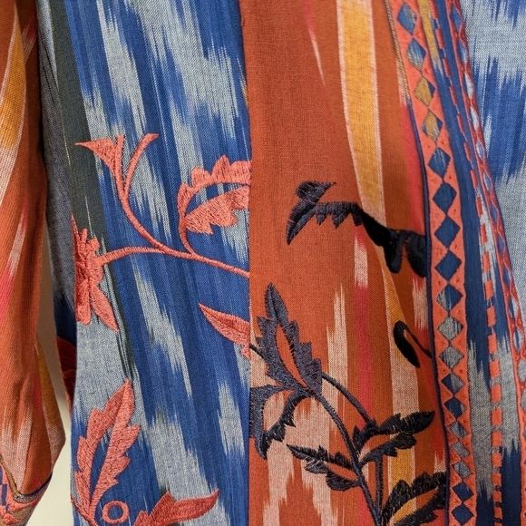 Soft Surroundings blue orange ikat embroidered duster kimono sz L NWT - Picture 5 of 9